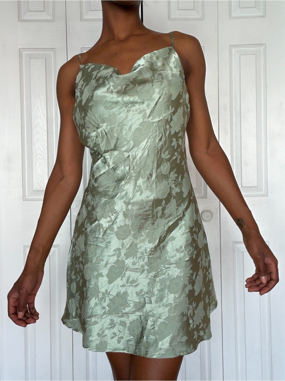 Satin Floral Slip Dress in Sage Green